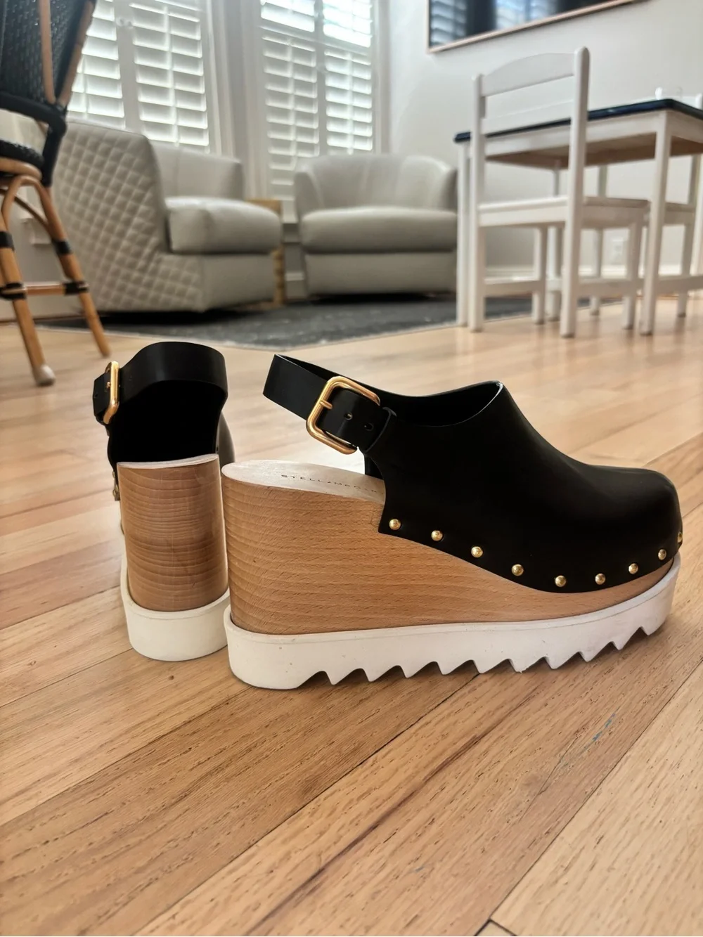 Stella McCartney Black PO Platform Clog heels with Gold Studs - Women's
